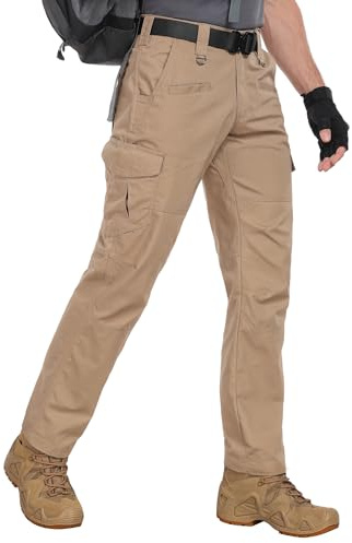 Zoofly Mens Work Pants with Pockets Water Resistant Cargo Pants for Men Elastic Waist Climbing Hiking Pants Ripstop Khaki 34W*30L