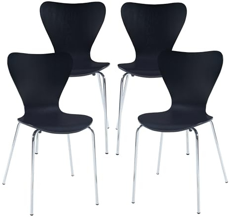 [en.casa] Set di 4 Sedie da Sala Pranzo Cucina Sala di Attesa Sedie Impilabili Gambe Cromate Scocca delle Sedie in Multistrato di Betulla - Nero