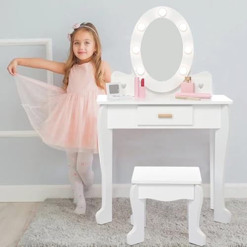 GarveeHome Kids' Vanity Set with Mirror and Light, Makeup Table and Stool for Girls, Vanity Table and Chair Set with Wood Makeup Playset for 4-9 Girls, White (Batteries Not Included)