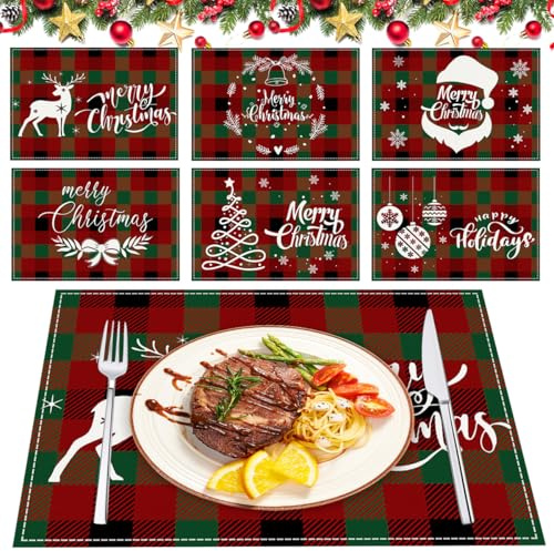 LPAMABA 6pcs Leinen Untersetzer Weihnachten Groß Platzdeckchen Weihnachten Untersetzer rutschfest Hitzebeständig Weihnachtstischdeko Abwaschbar
