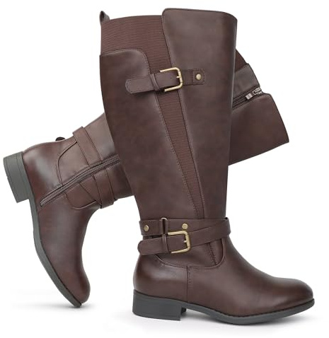 Chicblooms Damen Reitstiefel mit extra breitem Schaft, niedrigem Absatz, Knöchelriemen, schlankes Design, kniehohe Stiefel, Braun Synthetik EU 37