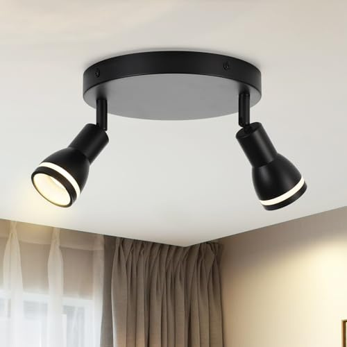 meoaow Deckenleuchte LED Schwarz Deckenstrahler Flur 2 Flammig Deckenlampe Schwenkbar GU10 Strahler Wandstrahler Spotlight Lampe für Wohnzimmer Schlafzimmer Esszimmer Küche