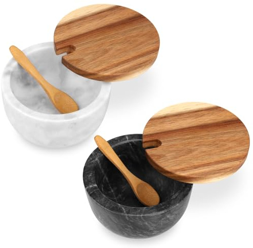 HESHIBI 2 juegos de salero de mármol con tapa de madera y cuchara, moderna piedra blanca y negra, sal o pimienta, azúcar, especias, condimentos, recipiente, recipiente para tarros, plato de cerdo para