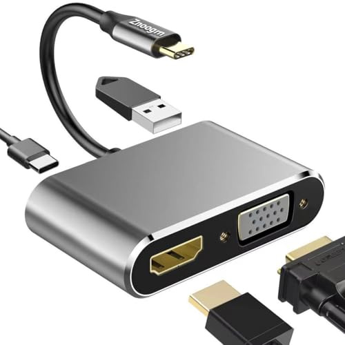 Adaptateur USB C vers VGA Multiport, 4 en 1 USB C Hub Convertisseur Thunderbolt 3 vers HDMI 4K, VGA 1080p, USB 3.0, 100 W PD Port pour MacBook Pro/Air, iPhone 16 15 Pro Max Dell XPS PC, etc