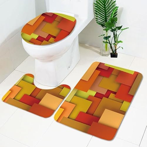 Bad Teppiche Set Orange Rote Geometrie Badezimmerteppich Waschbar WC Vorleger mit Ausschnitt und WC Deckelbezug 3 Teilig Badematte rutschfest Toilettensitzbezug Badgarnitur 45x75 cm