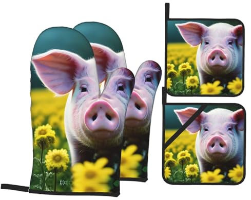 Handschuhe Und Topflappen-Set, Raps Blumen Schwein Stylisch Topfhandschuhe Verdickte Ofenhandschuhe Set Mehrweg Kochhandschuhe Für Kitchen Kochen Backen