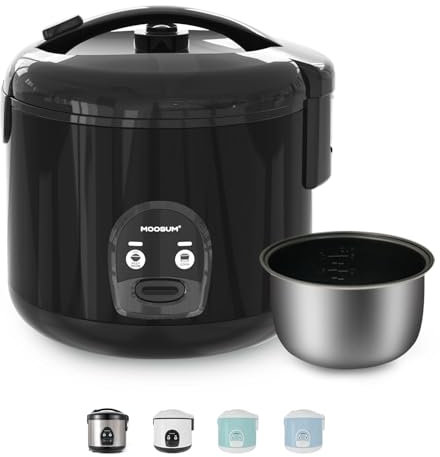 MOOSUM Electric Rice Cooker with One Touch for Asian Japanese Sushi Rice, 0.8L for 2-5 People, 5-cup Uncooked, Convenient Cooker with Steamer, Stainless Steel Housing and Auto Warmer, Black
