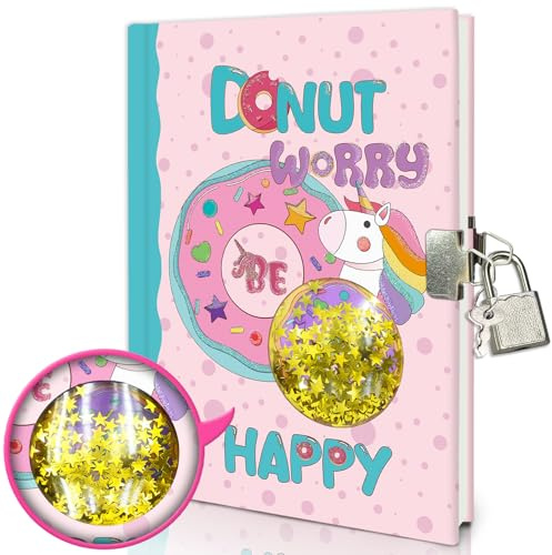 Tagebuch Mädchen mit Schloss, 160 Seiten Notizbuch Kinder Geschenk Mädchen | Donut Tagebuch mit Schüttelbaren Pailletten 17.8x13cm Notizbuch Kinder Tagebücher für Schule Schreiben Geschenke für Mädchen