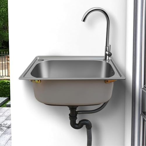 FDTMGW Wandmontiertes Edelstahl-Handwaschbecken mit kaltem Wasserhahn, tragbare Waschstation für Garage, Garten, Küche, Outdoor, 42 x 37 cm