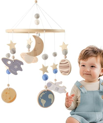 Mobile De Lit Bébé - Suspension En Bois Pour Chambre Bébé | Mobile Musical Tournant À 360 Degrés Avec Motif Planète Et Fusée Pour Nuit Voyage Et Literie