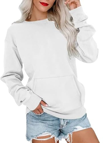 Långärmad tröja med rund hals, lätt och ledig lös, topp pullover med fickor, Vitt, M