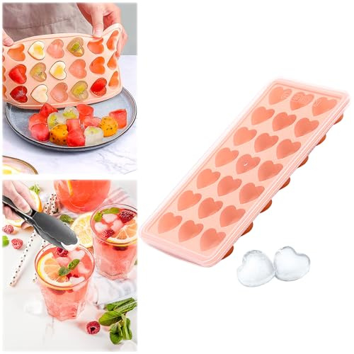 21 Holes Silicone Heart Ice Cube Tray with Lid,BPA Free Heart Shaped Ice Cube Trays Mold for Whiskey Cocktail Chocolate (pink)