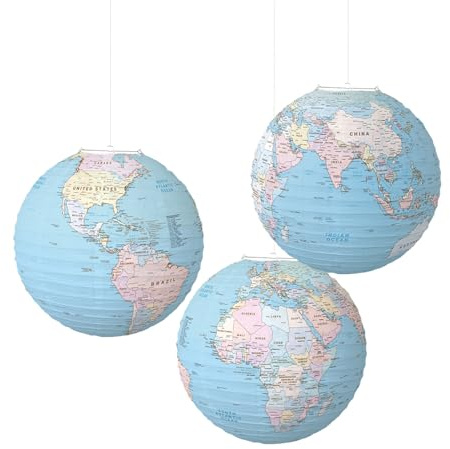 3 lanterne di carta blu da 30 cm con design a mappamondo, decorazioni in tutto il mondo, lanterne di carta appese a globo, decorazioni per feste a tema viaggio, decorazioni per feste a tema viaggio