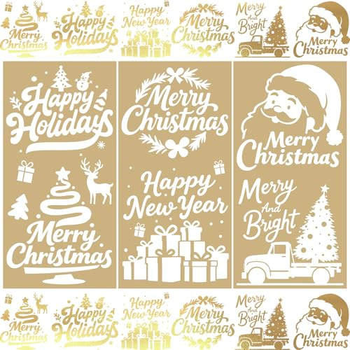 WANDIC 3 Bogen Weihnachtsaufkleber Groß, Goldene Schriftstelle Sticker Weihnachten, Möbel Aufkleber, Wasserdicht, Rub on Sticker Weihnachten Dekor für Junk Journal und Scrapbook, 15 x 30 cm