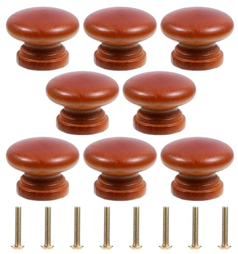 Gtziqa 8 Pcs Wooden Cabinet Knobs with Screws, Round Mushroom Shape Cupboard Knobs Drawers Handles Pulls, Natural Round Brown Wood Furniture Knob for Kitchen Office Home (32 mm x 24 mm)
