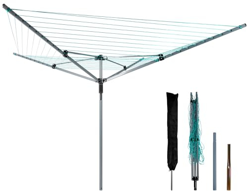 MYOYAY Tendedero resistente de 4 brazos para exteriores, tendedero plegable de 60 m, tendedero giratorio, altura ajustable, estante de secado portátil con estaca de tierra y cubierta impermeable
