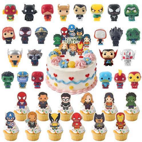 37PCS Hero Tortendeko für Geburtstags Dekoration mit Mini Figuren Set Cupcake Deko Happy Birthday Kuchendecko,Held Kuchen Topper für Kinder Jungen Party