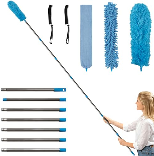 Terafeels 122in / 310 cm 5 Pack Cleaning kit,Feather Duster Extendable for Cleaning, Long Handled Duster on a Stick, 2 Cleaning Brushes, Cobweb Cleaner Extendable (Blue)