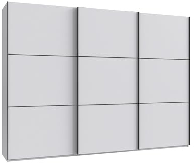 möbelando Schwebetürenschrank Indiana A Weiß mit schwarzen Griffen – 300x216x65 cm – Moderner Kleiderschrank mit Soft-Close, 7 Einlegeböden & Schubkasteneinsatz – Made in Germany