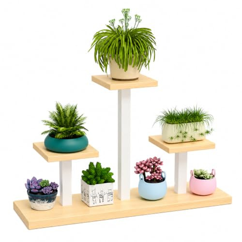 Pflanzenständer Fensterbank Innen, 4 Ebenen Blumenständer Klein, Sukkulenten Regal aus Metall und Holz, Minimalistisches Blumenregal für Schreibtisch, Wohnzimmer und Büro (Helle Walnuss, Eckig)