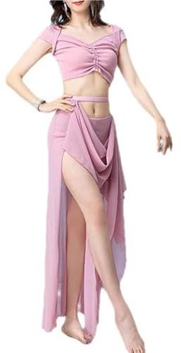 ERHTGUO Dam magdans topp delad kjol set vuxen elegant övningskläder kostym magdans scenprestanda danskläder outfit, Rosa, XL