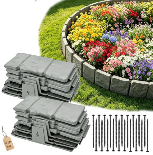 20PCS Bordure de Jardin, 5M Bordure Jardin Pierre, Flexible Bordures de Jardin - Bordure Jardin Exterieur Aux AlléEs, Pelouses Et Parterres De Fleurs, Gris