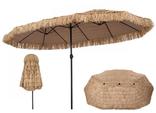 COSTWAY Dubbelparasoll 450 x 260 cm, parasoll Hawaii, trädgårdsparaply med vev, halmparasoll stor XXL, terrassparaply, marknadsparaply för trädgård, terrass och pool