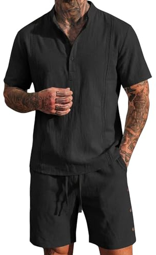 Floracle Herr går ut kläder bomull linne ståkrage sommar skjorta knapp och vardagliga shorts med fickor elastisk midja och dragsko träningströjor set kläder för sommarpromenader, Svart, XL