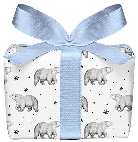 3er Set Weihnachts Geschenkpapier Bögen Eisbär mit Schneeflocken schwarz weiß zu Weihnachten u. Adventszeit, Weihnachtspapier für Geschenke, Adventskalender, Format 50 x 70 cm