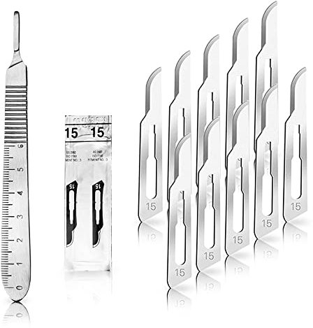 Set - 10 Stück Skalpellklingen Figur 15 aus Karbonstahl - Ersatzklingen einzeln steril verpackt + 1 x May - Skalpell-Halter mit 13 cm langem Griff inkl. Meßskala in cm - Edelstahl