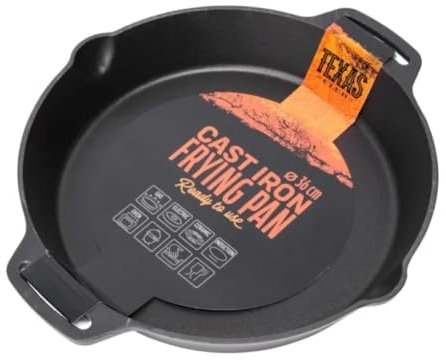 TEXAS CLUB Grande poêle en fonte, 36 cm – Poêle avec manche en métal pour grill et barbecue