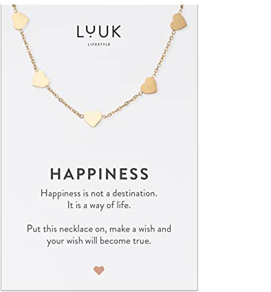 LUUK LIFESTYLE Halskette aus Edelstahl mit Anhänger und HAPPINESS Spruchkarte, Freundschaftskette, Geschenk zum Geburtstag, Damenschmuck, Silber, Gold, Rosé