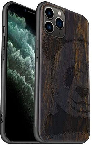 Carveit Coque pour iPhone 11 Pro [Élégant Bois Sombre] [Pare-Chocs en TPU Souple] Coque de téléphone Antichoc Compatible avec 11Pro Coques en Bois (Panda)