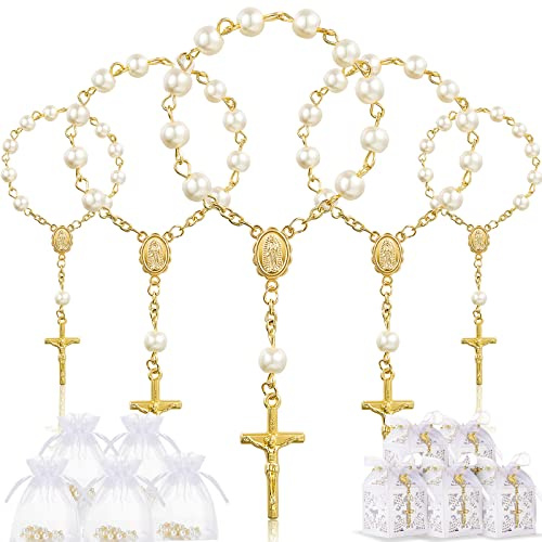 Otuuz 50 Packungen Taufe Gastgeschenke Set Taufe Rosenkranz Acryl Rosenkranz Perlen Kunstperlen mit Organzabeutel und Kreuz Geschenkboxen mit Bänder für Hochzeit Mitgebsel (Gold Perlen Armband)