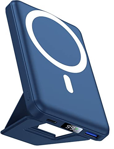 AOGUERBE Wireless Power Bank, 10000mAh Faltbarer Magnetische Powerbank Mini PD 22,5W Schnellladen mit LED Display, Kompatibel mit MagSafe für iPhone 16/15/14/13/12 Plus/Mini/Pro/Pro Max (Blau)