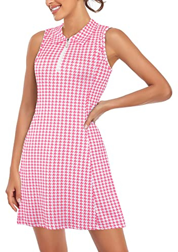 Cucuchy Style Tennis Dress for Women Sleeveless Golf Dresses with Built in Shorts Pockets Polo Zip Up Quick Dry for Athletic Sports Clothes Pink Large