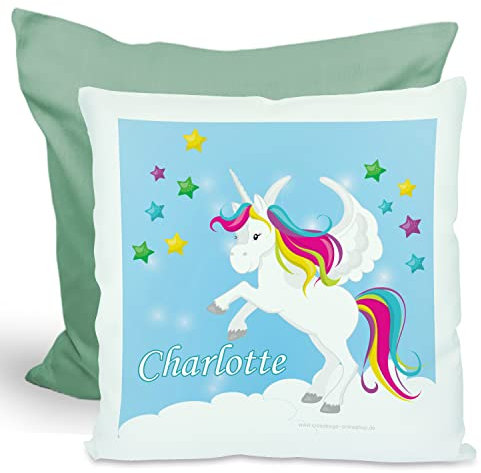 CreaDesign, Kinder Kissen 40x40 cm personalisiert mit Namen, Kinderzimmer Deko Kissen Kinder mit Füllung Federn, Motiv Einhorn blau, Rückenfarbe Grün