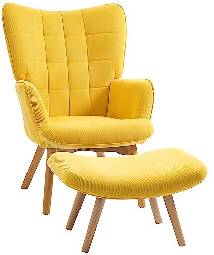 HOMCOM Ohrensessel mit Hocker Sessel Loungesessel mit Cord-Optik, Modern Relaxsessel, Armlehnensessel Lesesessel für Wohnzimmer, Schlafzimmer, Gelb