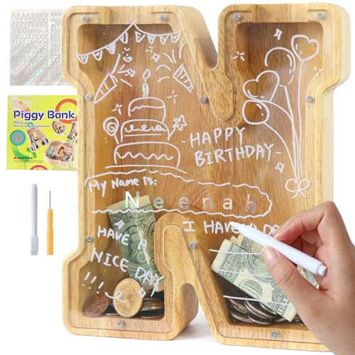 Lakpopya Tirelire Enfant Garcon, Tirelire en Bois Personnalisée | A-Z Lettres Tirelire Personnalisée pour Enfants, Tirelire Transparente pour Cadeaux de Festivals Décoration Souvenir