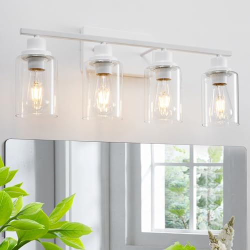 HCCZ 4 Light White Bathroom Light Fixtures Vanity Light Over Mirror Modern Wall Lighting Sconces Rustic Industrial Wall Lamp for Bathroom, Bedroom, Living Room E26 Socket with Glass Shade