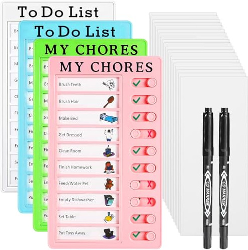 Chores Chart for Kids,4PCS Behaviour Charts Routine Chart for Children Visual Timetable to Do List Chores Checklist Board with 20pcs Cardstocks and 2pcs Markers for Planner Schedule Reminder