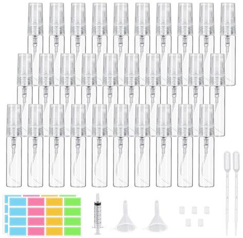 Episkey 30 Stück 5ml Mini Parfümzerstäuber Portable Nachfüllbar Mini Glas Sprühflasche klein Zerstäuber Kleine Sprayflasche für Familie mit Trichter Pipetten und Etikettenaufkleber (transparent, 5ml)