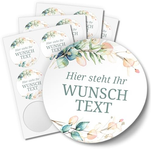24 PERSONALISIERTE Aufkleber mit Wunschtext individualisiert anpassbar Namen Datum Etiketten rund 4cm, Eukalyptus Boho rosa
