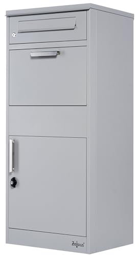 Cassetta dei pacchi Zelsius | grigio RAL9007 | acciaio zincato verniciato a polvere con elementi in acciaio inox | cassetta delle lettere con scomparto per pacchi, bloccaggio di ritorno integrato