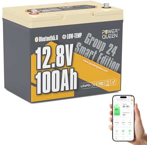 Power Queen 12V 100Ah Bluetooth Lithium Batterie für RV | Group 24, 100A BMS, Max. 15000 Zyklen, Low-Temp Cut-Off, 1280Wh Energie, für Boote, Solaranlagen, Off-Grid