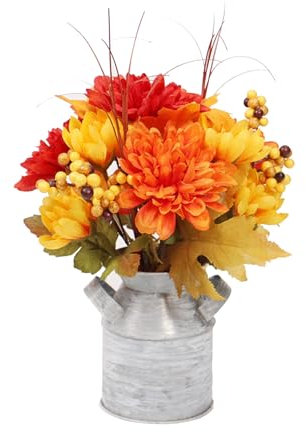 FOERPL Herbst-Kunstblume mit Metalltopf, Orange-Burgund, Künstliche Seide, Dahlie, Sonnenblume, Beere, Herbst, Kleine Topf-Erntedank-Halloween-Blume für den Schreibtisch, Büro,