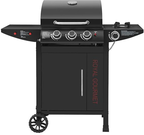 Royal Gourmet Gasgrill 3+1 Brenner Grillwagen mit 11,5 kW, Campinggrill mit Seitenbrenner, Outdoor Gas Grill inkl. Haken, Unterschrank für Balkon, Party Schwarz