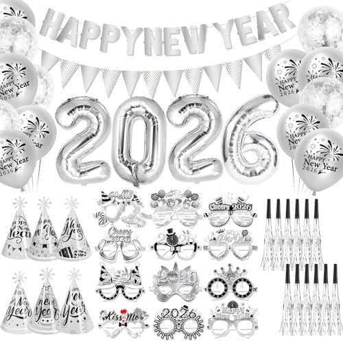HOWAF Silvester Deko 2026 Silber, Silvester Luftballons 2026 Ballon Neujahr Folienballon, Happy New Year Banner, Streudeko, Partyhüte, Brille, Tröten für Silvesterdekoration, Happy New Year Deko