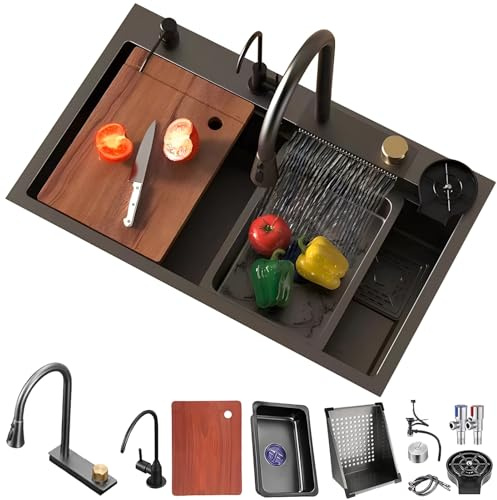 Fregadero Cocina 80x45cm, Multifuncional Fregadero de Cocina de 1 Cubeta, Negro Fregadero de Acero Inoxidable, con lavadora de vidrio, Kit de Drenaje Filtro, sifón así como otros accesorios