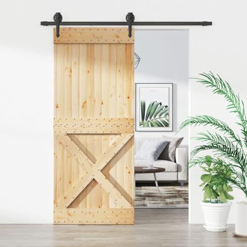 Annlera Porte coulissante en bois de pin massif - Pour chambre à coucher, cuisine, grange, garage, etc. - Design peu encombrant - Marron + noir - 85 x 3,6 x 210 cm